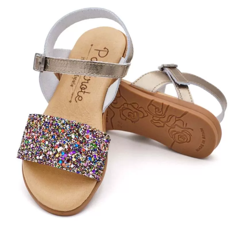 SANDALIA GLITTER TRASERA PIEL PLATA