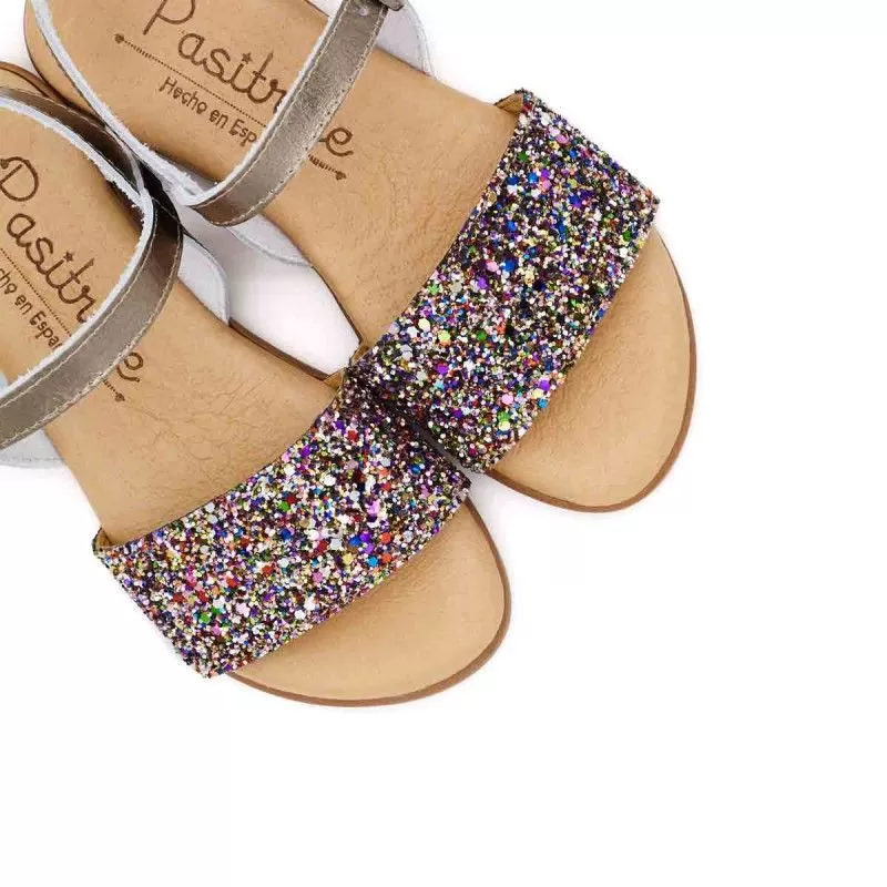 SANDALIA GLITTER TRASERA PIEL PLATA