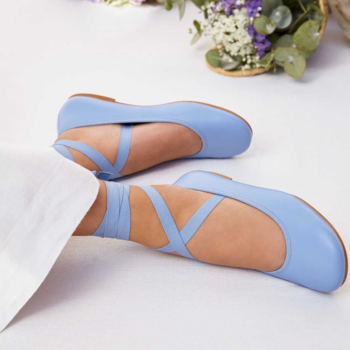 Bailarinas Niña Cintas Piel Azul Lavanda