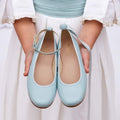 Blue-Green Leather Ballet Flats with Bows and Straps
