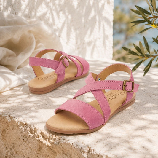 Sandalia Niña Cruzada Serraje Rosa